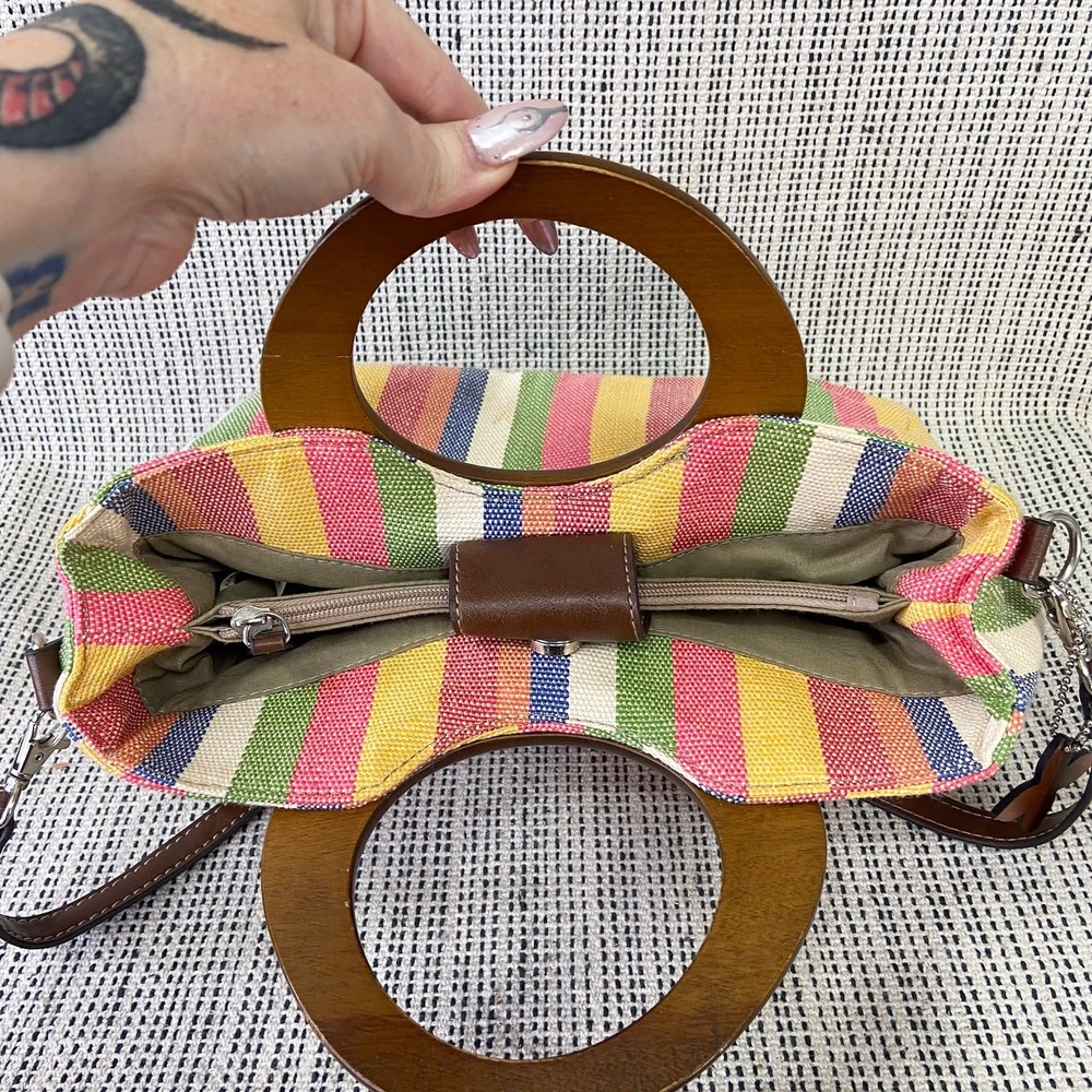 Relic Satchel Bag‎ Wood Handle Woven Striped Multicolor Crossbody Purse Y2K Boho - Picture 11 of 15